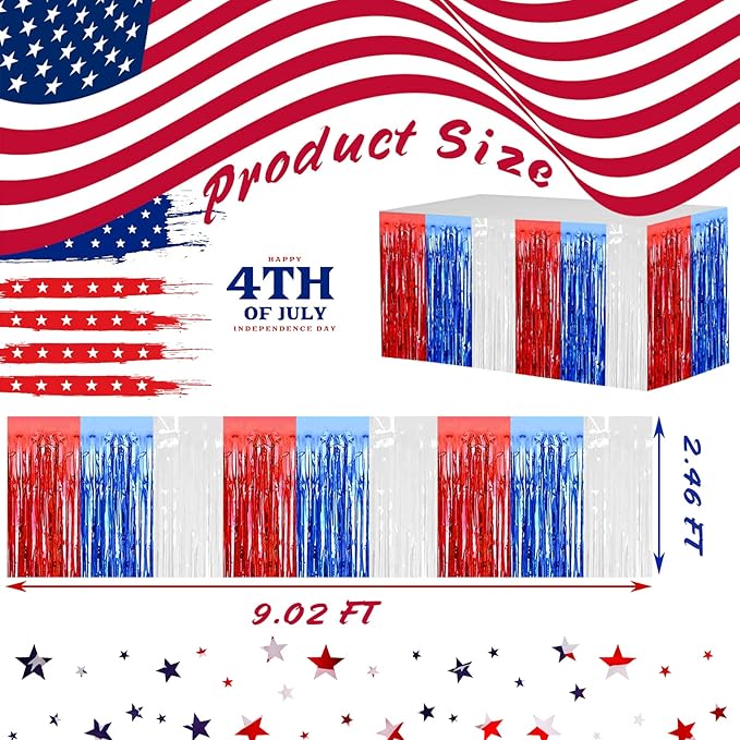 4 Pack 29x108 Inch Metallic Foil Fringe Tinsel Table Skirts for Rectangle Tables Streamer Backdrop for Wedding, Birthday, Parade Floats, Christmas, Halloween Party Decoration(White Blue Red)