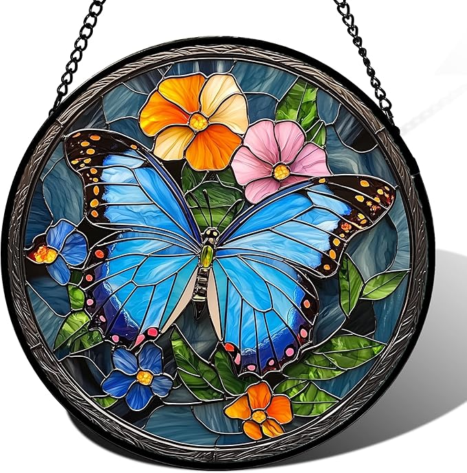 Stained Glass Window Hanging, Blue Butterfly Flower Suncatcher for Doors Home Sun Catchers Decoration and Christmas, Mother's Day Birthday Gifts for Women, Men, and Mom 6.3x6.3 in