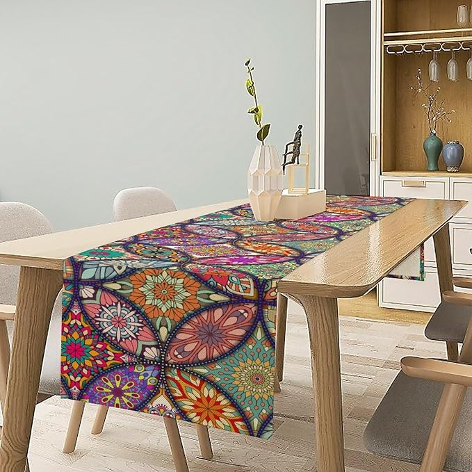 Boho Floral Table Runner,Colorful Flower Retro Bohemian Table Cloth Kitchen Dining Table Home Party Decoration 13x36 Inch