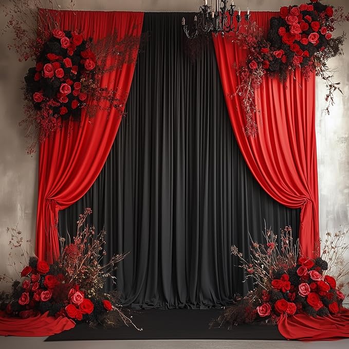 30ftx14FT Wrinkle Free Black Backdrop Curtain, 6 Panels 14FT Height Black Wedding Backdrop Drapes, Silky Polyester Back Drop Cloth for Birthday Photography Background Party Backdrop Draping