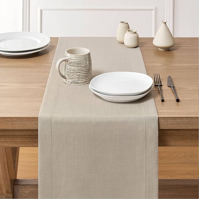 ZeeMart Linen Textured Border Table Runner, 14 x 90 Inch Natural, Farmhouse Style Neutral Table Runners 90 Inches Long, Easy Care Everyday Polyester Table Runner
