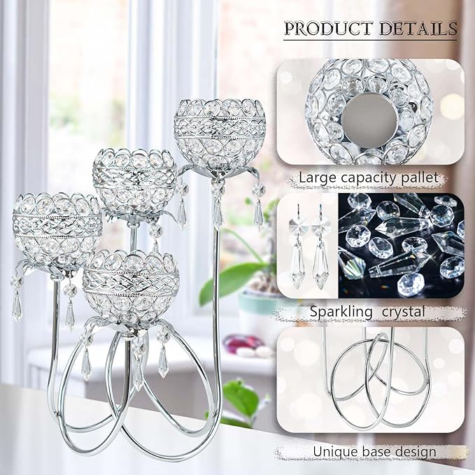 4 Arms Crystal Candelabra Tealight Holder - Tall 15.7 Inch Elegant Tabletop Centerpiece with Crystal Pendant Bowls & Artistic Metal Stand for Wedding, Dining Table, Home Decor (2, Silver)