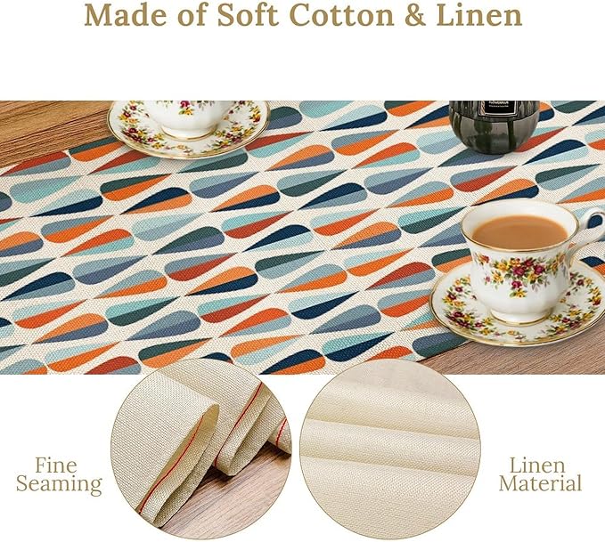 Mid Century Table Runner, Modern Style Retro Pattern Droplet Shapes Mosaic Tones Pattern Print for Home Kitchen Table Decor Dining Coffee Room Party Decor 13x90in