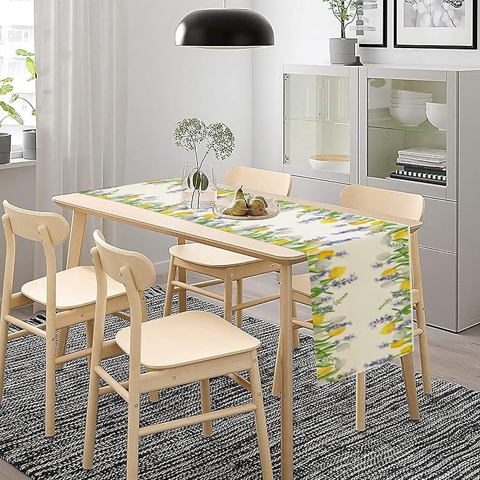 Floral Tulip Lavender Table Runner, Spring Watercolor Flower Plants Nature Butterfly Table Runner for Kitchen Dinner Living Room Home Party, 13x70 Inch