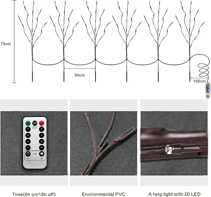 MENCH Branch Lights,6 Pcs Twig Light USB&Battery Powered 8 Flashing Modes by Remote Control.Branch Lights for Indoor and Outdoor, Light Up Decorations for Halloween Day and Christmas,Warm White