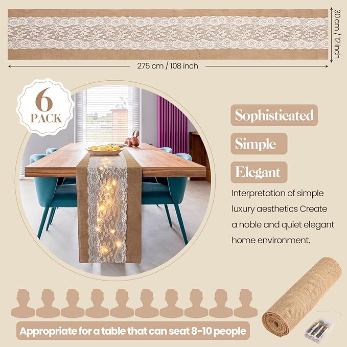 Tudomro 6 Pcs Burlap Table Runner with LED String Lights 12 x 108 Inches Rustic Jute Lace Table Runners Farmhouse Jute Linen Decoration Wedding Decor for Holiday Party Wedding Decorations