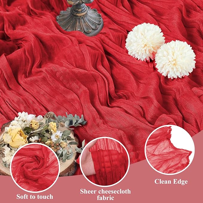 Asee'm 4PCS Fall Table Runner Cheesecloth 10FT Red Boho Gauze Fabric Rustic Sheer Cheese Cloth Runners for Thanksgiving Christmas Wedding Bridal Shower Party