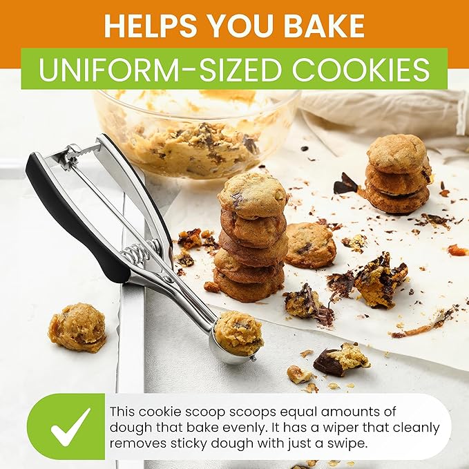 Spring Chef Extra Small Cookie Scoop, Stainless Steel Melon Baller, Baking Scooper, Spring Loaded Trigger for Cookie Dough, Ice Cream, Meatball, Cupcake - 0.6 tablespoon (tbsp) portion, #100, Black