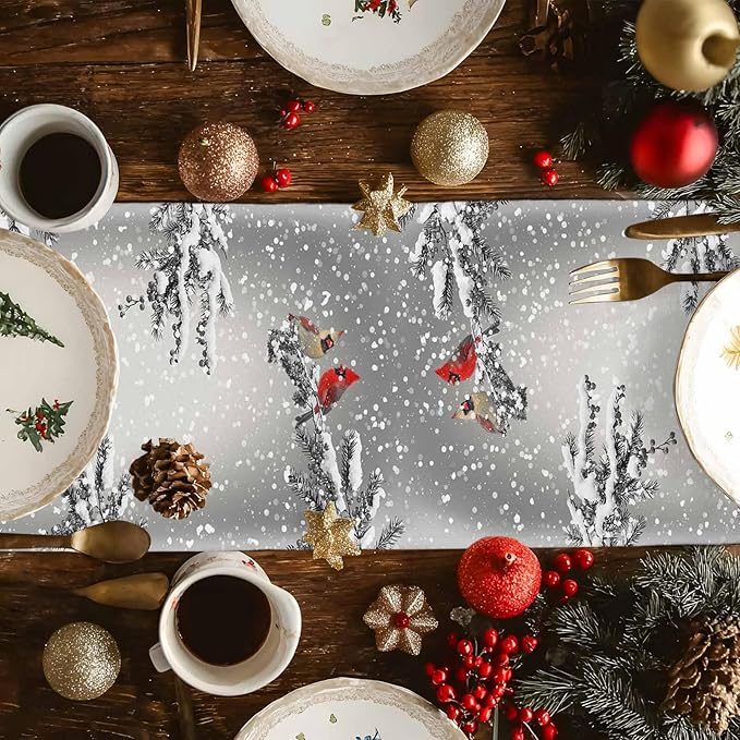 Christmas Snowman Cotton Linen Table Runner for Dining Kitchen, Snowflakes Xmas Pine Tree Wedding Outdoor Party Tablerunner Decoration Winter Bird Dresser Scarf Coffee Tablecloth Runners 13x120 Inches