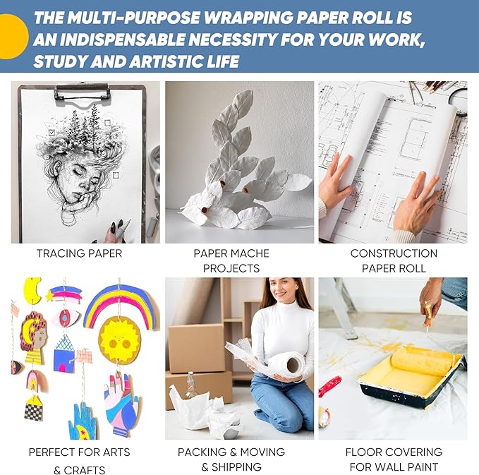 Drawing Paper Roll for Kids Art Supplies, 17.6"x1200" (100') Easel Craft Decorative Paper, White Eid Gift Wrapping Paper, Solid Color Poster Kraft Paper, Perfect for Valentine's Day, Wedding, Birthday