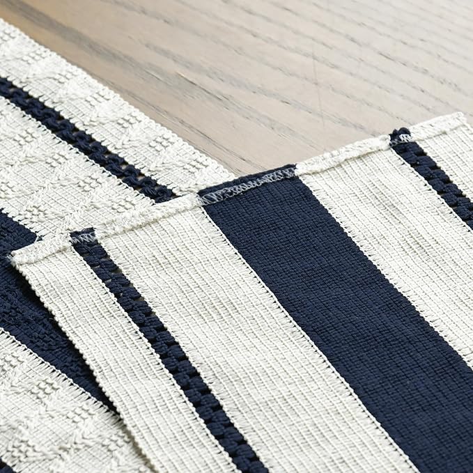 Artoid Mode Dark Blue Farmhouse Woven Rustic Table Runner, Seasonal Holiday Hollow Kitchen Dining Table Decoration for Home Party Decor 12x60 Inch