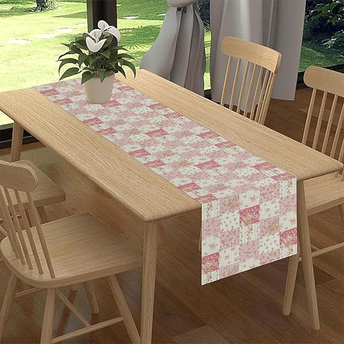 Patchwork Table Runner, Boho Vintage Pink Wildflowers Bohemian Paisley Flower Farmhouse Table Center Decor for Home Kitchen Dining Patio Holiday Party Indoor Outdoor Table Decorations, 13"x36" Inch
