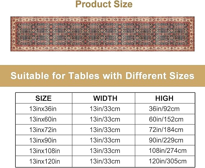 Vintage Boho Floral Table Runner, Rustic Country Farmhouse Red Teal Retro Flower Pattern for Home Kitchen Table Decor Dining Coffee Room Party Decor 13x72in