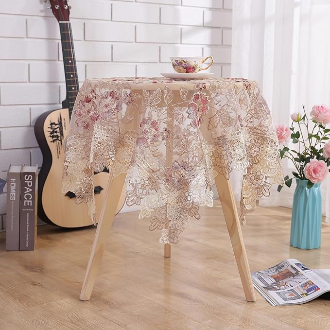 Round Embroidered Lace Tablecloth Vintage Decorative Exquisite Border Table Cover for Party Wedding Home Decorations, Round-35, Red