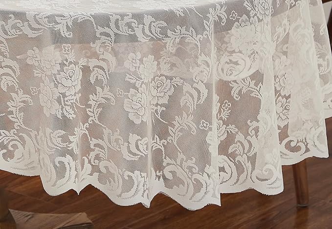 LinenZone Ivory Round Tablecloth for Rustic Vintage Decor. Sheer Lace Tablecloth Works Great As Wedding Table Cloth or Christmas Table Cover. (Mia 90 Round, Ivory)