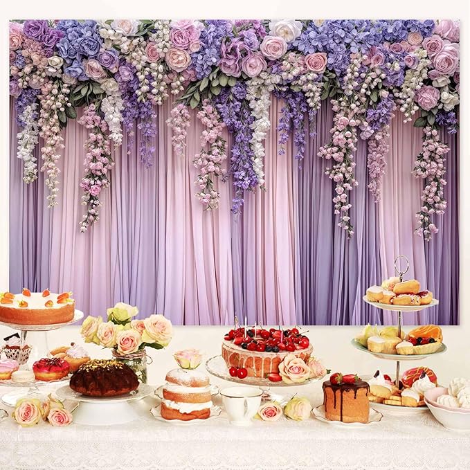 6x4ft Purple Flower Wedding Photography Backdrop Lavender Floral Wedding Bridal Photography Backdrop Anniversary Birthday Baby Shower Girl Party Banner Photo Booth Props Background Wall Decor