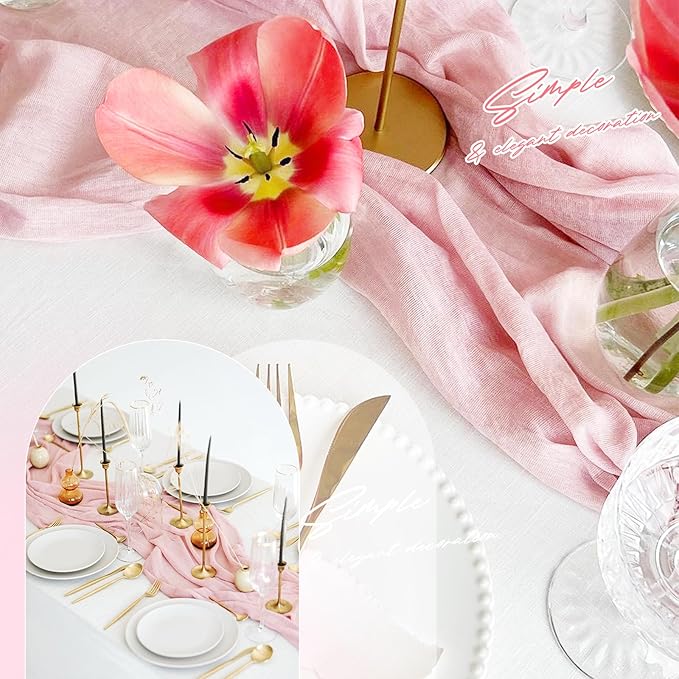 Aktor 4 Pack Pink Table Runner Boho Cheesecloth Table Runner Semi Sheer Gauze Fabric Runners for Wedding Birthday Baby Shower Party Boho Table Decoration（Pink）