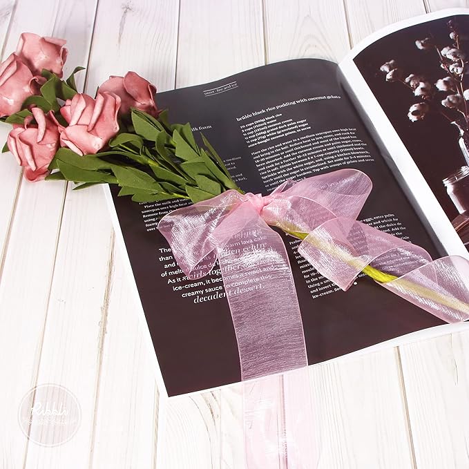 Ribbli Rose Pink Sheer Organza Ribbon,1-1/2 Inches x Continuous 50 Yard Use for Gift Wrapping,Bouquet Wrapping,Wedding Decoration,All Crafting and Sewing