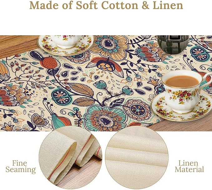 Boho Floral Table Runner,Vintage Flowers Tropical Plants Country Style Table Cloth Kitchen Dining Table Home Party Decoration 13x108 Inch