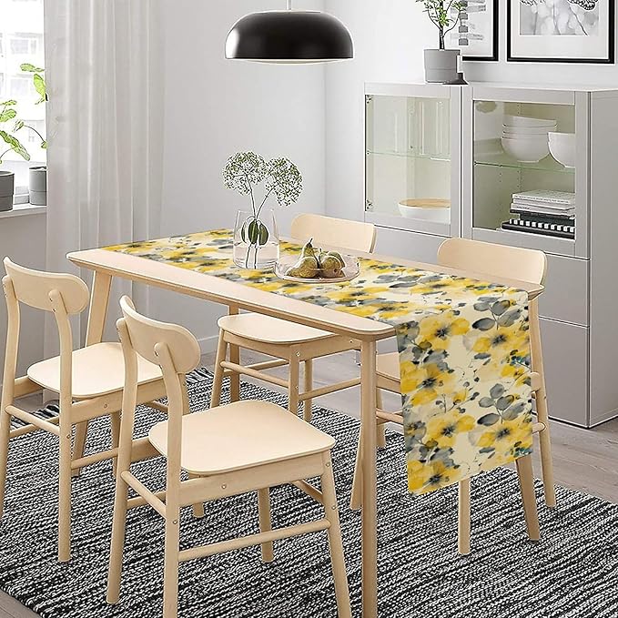 Floral Table Runner,Yellow Flowers Spring Print Table Cloth Kitchen Dining Table Home Party Decoration 13x108 Inch