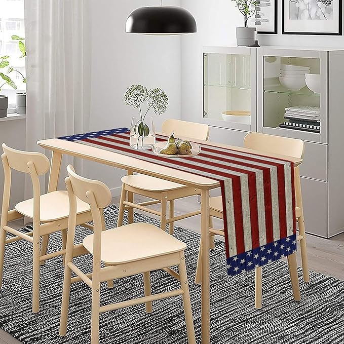 American Flag Table Runner, 4th of July USA Rustic Vintage Wooden Blue Red Stars Stripes Print Table Runner for Farmhouse Kitchen Dining Table Decor, 13x120inch