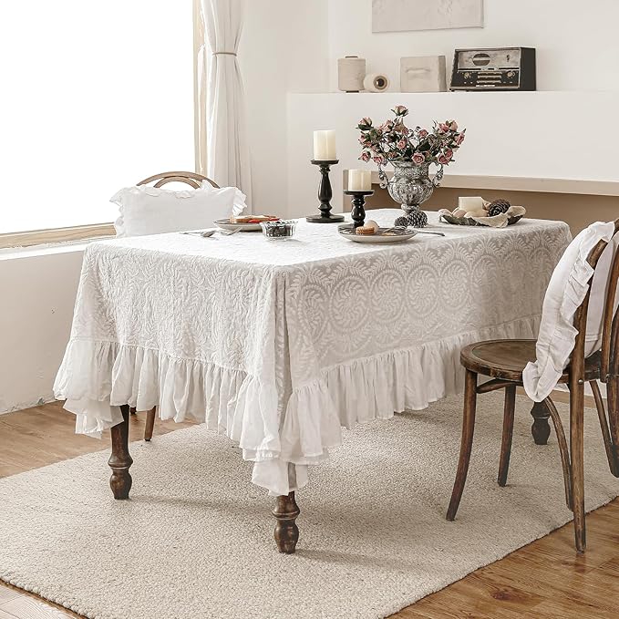 patdrea Vintage Ruffle Tablecloth for Rectangle Tables,Farmhouse Embroidered Cotton White Lace Table Cloth Cover Decor for Dining Room Wedding Banquet Thanksgiving Christmas,67"*114"