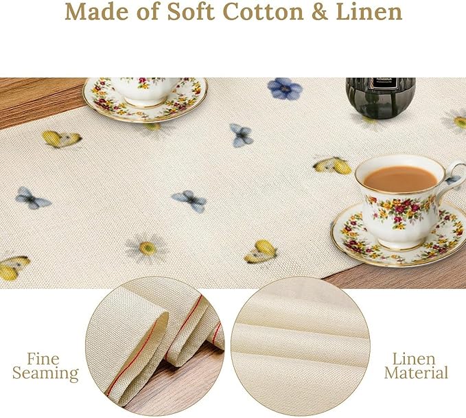 Floral Table Runner, Spring Watercolor Flower Plants Nature Butterfly Table Runner for Kitchen Dinner Living Room Home Party, 13x90 Inch