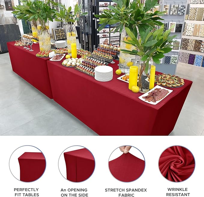 Nasitos Fitted Red Tablecloths for 8 Foot Tables - 96 x 30 Inch - 2 Pack Stretch Spandex Rectangle Table Clothes, Fabric Table Covers for Parties, Trade Show, Craft Show, Birthday