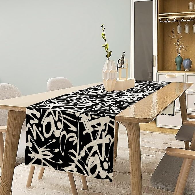 Graffiti Table Runner,Black White Abstract Messy Art Theme Pattern Print Tablecloth Burlap for Hotel Indoors Outdoor Dining Room Kitchen Home Decor,W13X L36 in