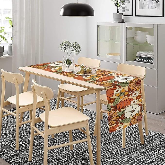 Vintage Floral Table Runner,Boho 70s Style Retro Flower Table Cloth Kitchen Dining Table Home Party Decoration 13x90 Inch