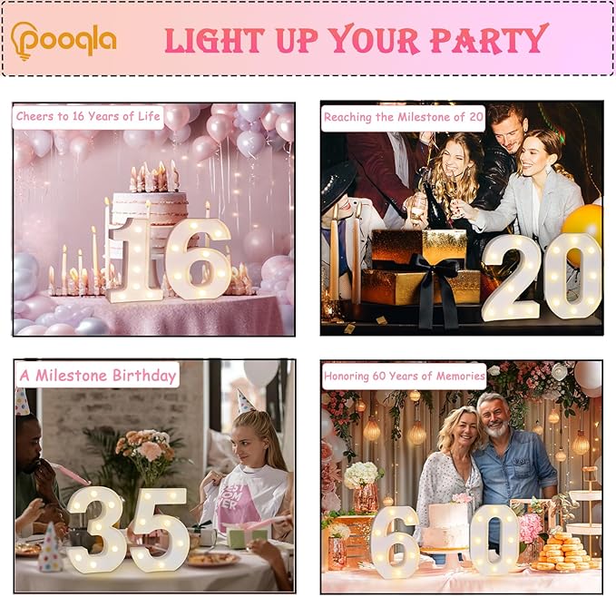 Pooqla Decorative LED Light Up Number Letters, White Plastic Marquee Number Lights Sign for 35th Birthday Party Wedding Decor, Battery Operated (35)