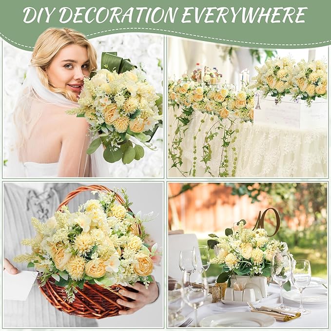 Zeyune 8 Pcs Wedding Silk Flowers Fake Silk Flowers Faux Bouquet Hydrangea Bouquets for Wedding Birthday Party Table Centerpieces Home Decoration(Champagne,Peony)