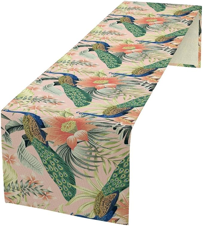 Peacock Table Runner,Pink Flower Peacock Birds Table Runner for Home Kitchen Dining Party Indoor Outdoor Decoration 13x90 Inch