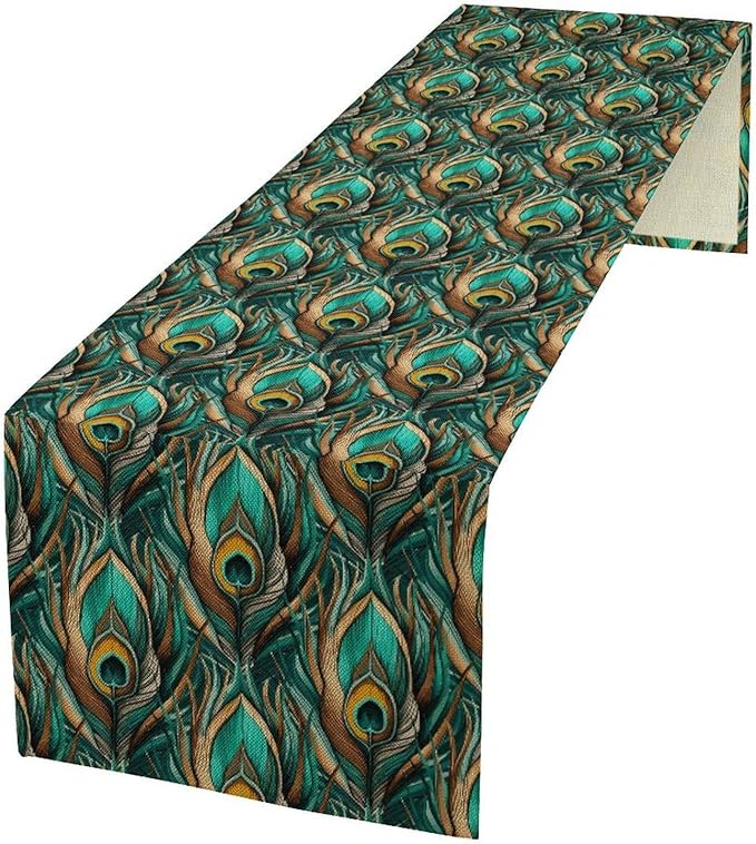 Peacock Feather Table Runner,Retro Aesthetic Green Table Runner for Home Kitchen Dining Party Indoor Outdoor Decoration 13x90 Inch