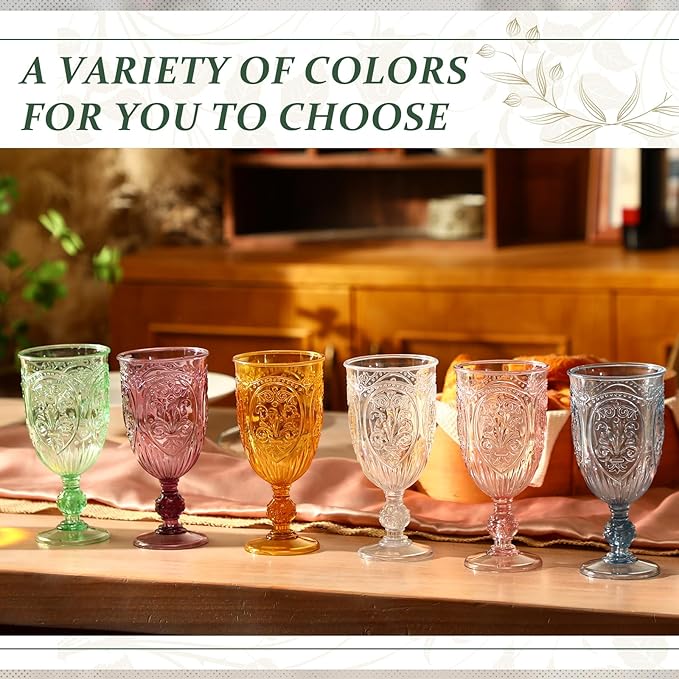 36 Pack Plastic Goblets 10oz Upgrade Vintage Water Goblet Plastic Wine Glasses Colored Retro Embossed Glassware for Party Wine Bar Juice Baby Shower Wedding Reception Grand (Pink)