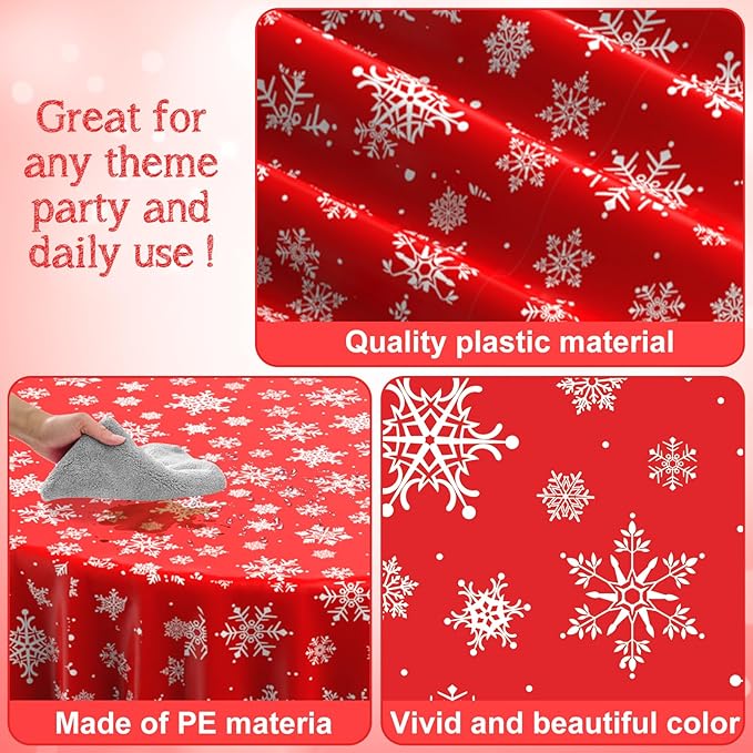 6 Pieces Christmas Snowflake Plastic Party Tablecloth Decorations, Disposable White Snowflake Red Xmas Round Table Cover Backdrop for Winter Christmas Holiday New Year Party Supplies,84 inch (Red)