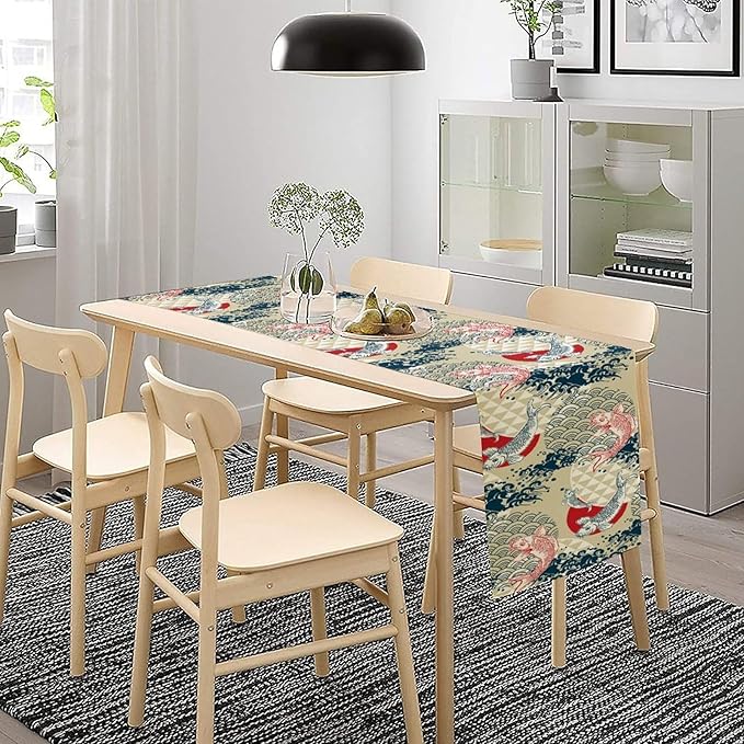 Japanese Table Runner Oriental Tradition Kio Fish Art Printed Burlap Runner Home Kitchen Dining Table Living Room Decor Fabric 1 Panel W13xL60in