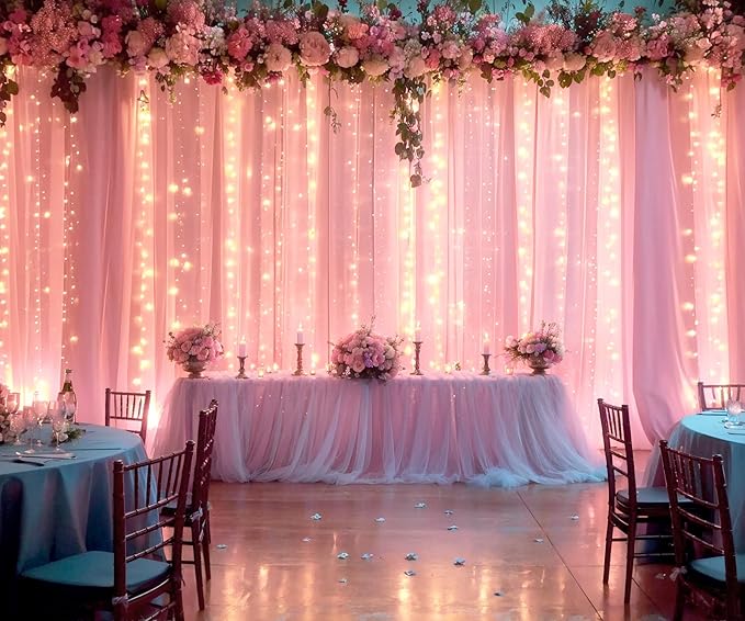 10ft x 10ft Pink Tulle Photo Backdrop Curtain with Lights String for Parties Wedding Sheer Baby Pink Curtain Backdrop for Birthday Party Baby Shower Photo Booth Photography Background Decorations