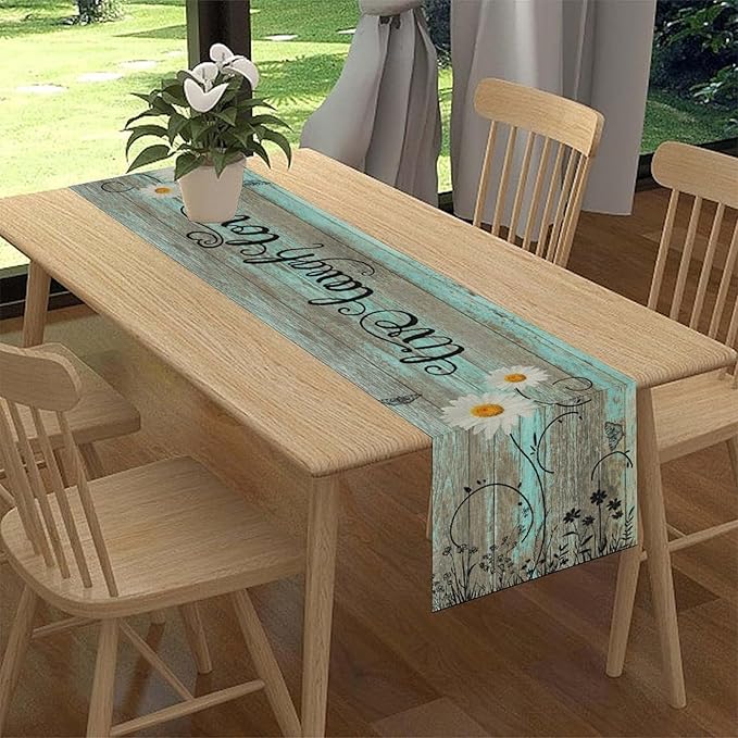 Daisy Floral Table Runner, Farmhouse Spring Seasonal Summer Teal Green White Flower Rustic Abstract Table Center Decor for Home Kitchen Dining Holiday Party Indoor Table Decorations, 13"x72" Inch