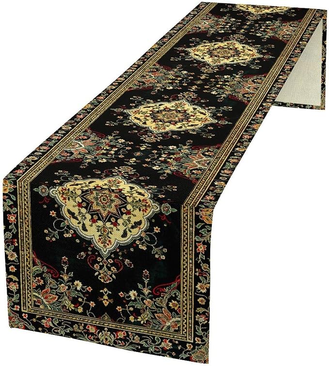 Colorful Boho Flower Table Runner, Vintage Rustic Farmhouse Paisley Hand Drawing Print Pattern for Home Kitchen Table Decor Dining Coffee Room Garden Party Decor 13x120in