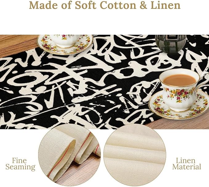Graffiti Table Runner,Black White Abstract Messy Art Theme Pattern Print Tablecloth Burlap for Hotel Indoors Outdoor Dining Room Kitchen Home Decor,W13X L36 in