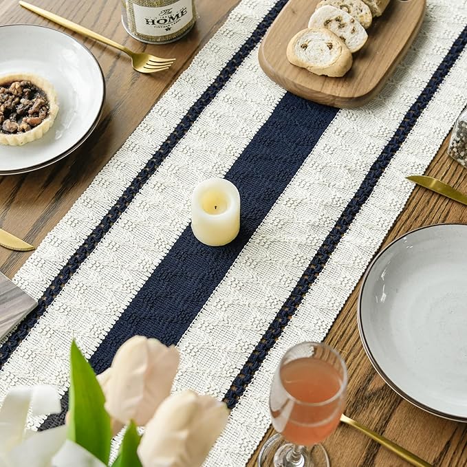 Artoid Mode Dark Blue Farmhouse Woven Rustic Table Runner, Seasonal Holiday Hollow Kitchen Dining Table Decoration for Home Party Decor 12x108 Inch