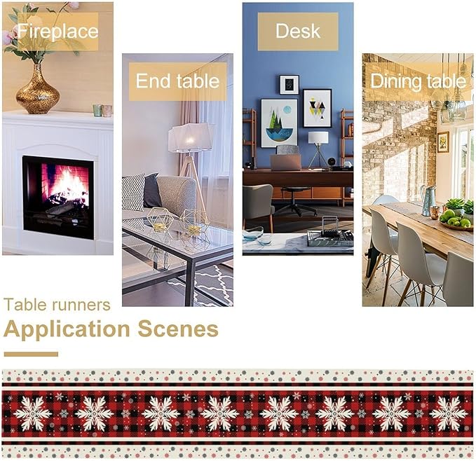 Snowflakes Christmas Table Runner,Red Buffalo Plaid Seasonal Winter Kitchen Dining Table Decoration for Home Party Decor 13x120 Inch