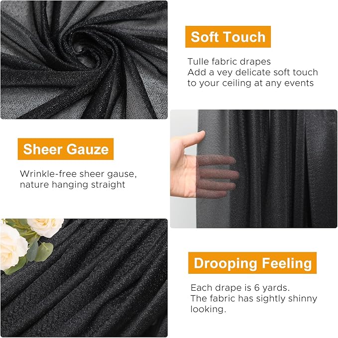 Wedding Arch Draping Fabric 3 Panels 28.7" x 20FT Black Sheer Chiffon Backdrop Drapes for Wedding Ceremony Birthday Party Bridal Shower Outdoor Decoration