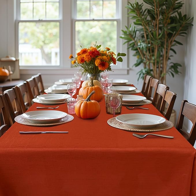 Fitable 2 Pack Faux Linen Fall Tablecloths, Wrinkle Proof Fabric Table Cloth Rectangle, Burlap Textured Table Covers for Thanksgiving Holiday Autumn Dinner Party Farmhouse (Rust, 60 x 84 Inch)