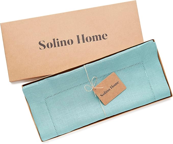 Solino Home Linen Aqua Blue Table Runner 120 Inches Long - 100% Pure Linen Hemstitch 14 x 120 Inch Table Runner for Dining - Classic Hemstitch