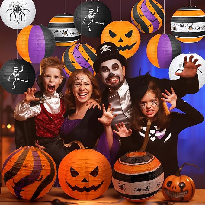 ADLKGG Halloween Party Decorations, Black Orange Purple Hanging Spider Bat Pumpkin Skeleton Paper Lantern for Halloween Birthday Decorations, Trick-or-Treating Events, Wedding,Garden Home Decor, 12pcs