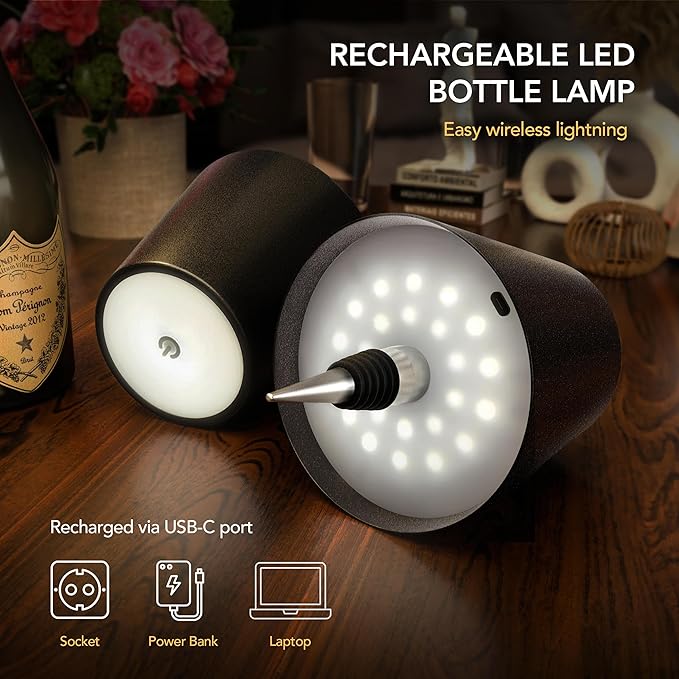 Wireless Bottle Lamp for Any Type of Bottle - LED Bottle Lamp for Indoor & Outdoor - 100% Waterproof - Adjustable Brightness and Light Temperature 3000-6000K - Wireless & Rechargeable (Black)