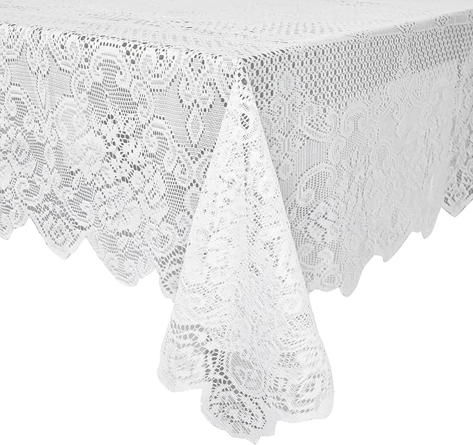 Juvale Rectangular Lace Tablecloth - White Lace, 54 x 72 in Vintage Floral Scalloped Polyester - Wedding & Tea Party Table Cloth & Baby Shower Tablecloth (Pack of 2)