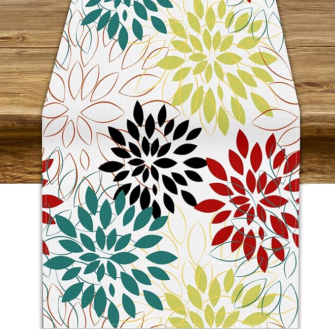 Abstract Red Dahlia Vintage Table Runner, Geometric Lines Mid Century Vintage Modern Colorful Table Runner for Party Kitchen Dining Living Room Laundry Room Decor, 13x108 Inch